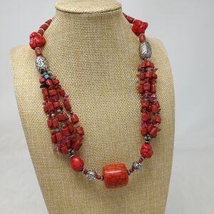 Handmade chunky red stone bead and colorful stone chip multi-strand necklace